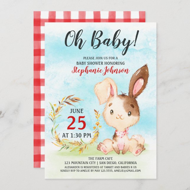 Baby shower d'aquarelle Bunny Invitation de ferme (Devant / Derrière)