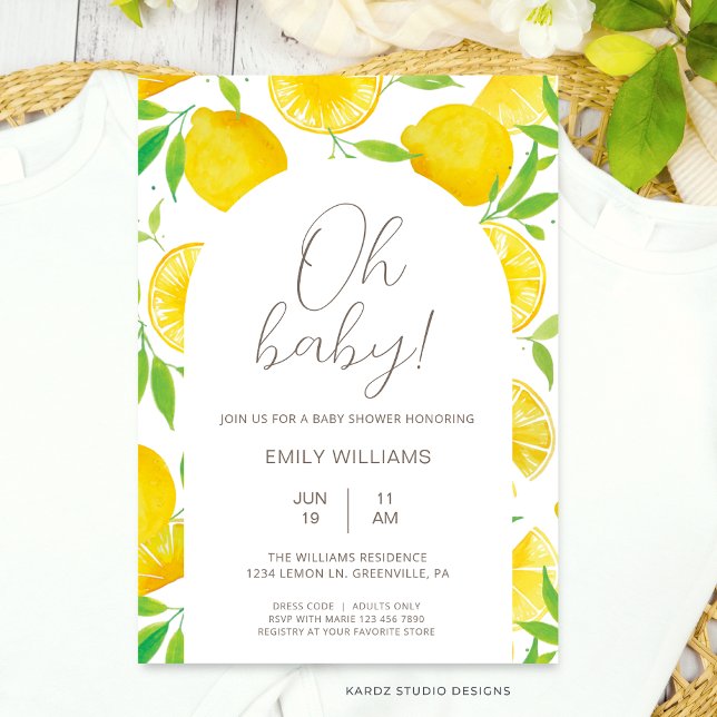 Baby shower d'aquarelle d'été Lemon Invitation (This Lemon Baby Shower Invitation is shown in size 5 x 7 in. Other sizes and digital available.)