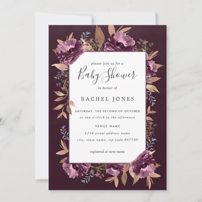 Baby shower d'aquarelle florale pourpre invitation (Devant)