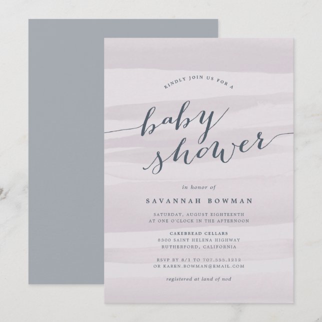 Baby shower d'aquarelle gris Lilac Invitation (Devant / Derrière)