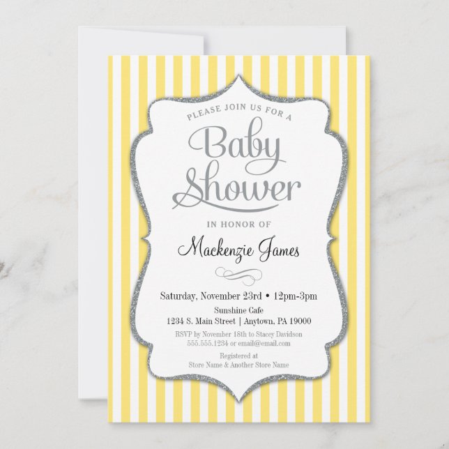 Baby shower d'argent jaune Invitation gris neutre (Devant)