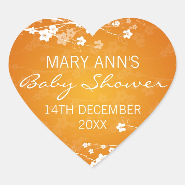 Baby Shower Date Cherry Blossom Orange Heart Sticker (Front)