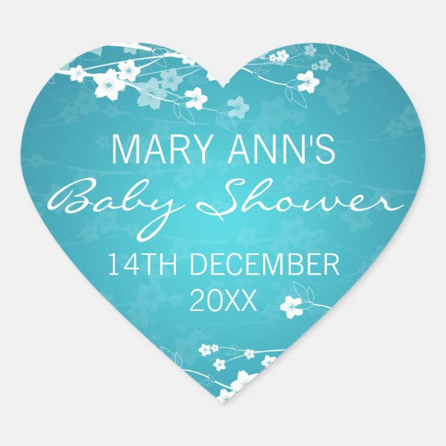 Baby Shower Date Cherry Blossom Turquoise Heart Sticker (Front)