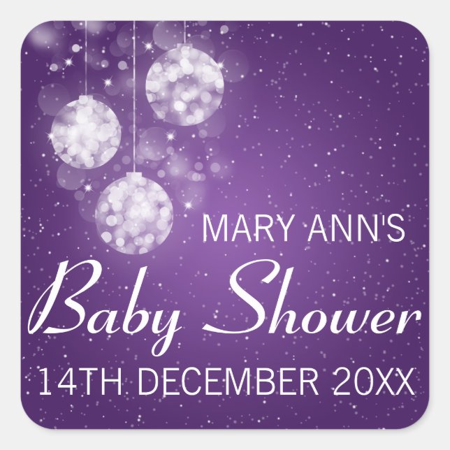Baby Shower Date Festive Baubles Purple Square Sticker (Front)