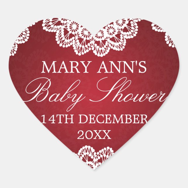 Baby Shower Date Vintage Lace Red Heart Sticker (Front)