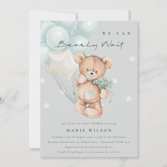Baby shower d'attente Blancs bleu gris Invitation (Devant)