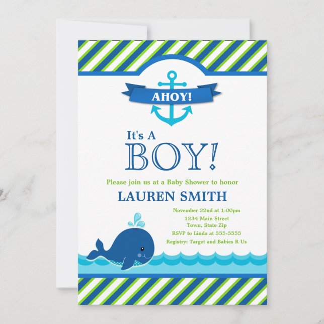 Baby shower de baleine Invitation bébé garçon (Devant)