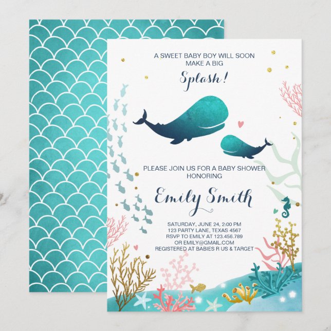 Baby shower de baleines Invitation Océan Ahoy Boy  (Devant / Derrière)