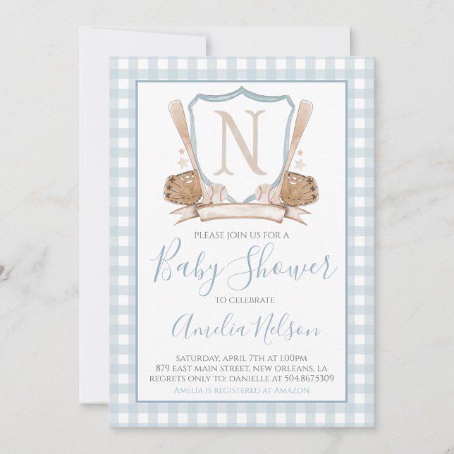 Baby shower de baseball En vichy bleu Invitation (Créateur téléchargé)