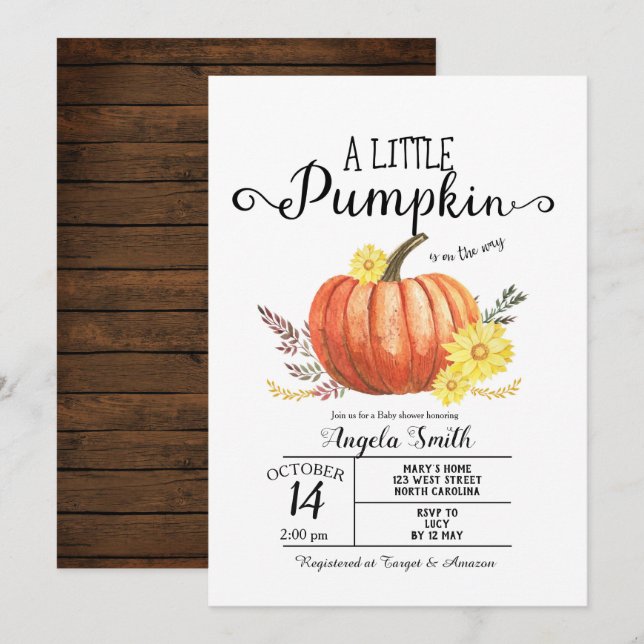 Baby shower de bois Petite invitation Citrouille R (Devant / Derrière)