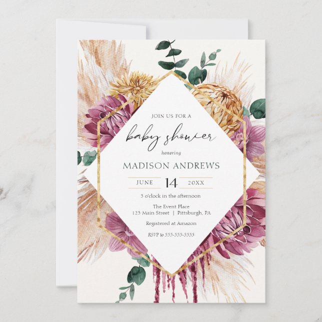 Baby shower de bouquet séché de Bohême Invitation (Devant)