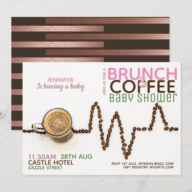 BABY SHOWER de Brunch au CAFÉ Invitation Pink Gree (Devant / Derrière)