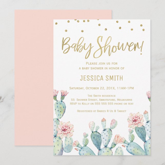 Baby shower de Cactus Gold Calligraphy Invitation (Devant / Derrière)