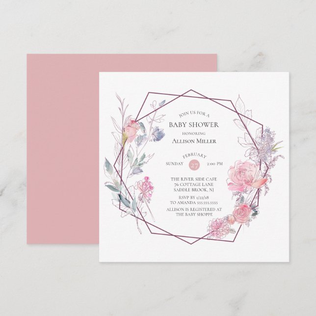 Baby shower de cadre floral géométrique Invitation (Devant / Derrière)