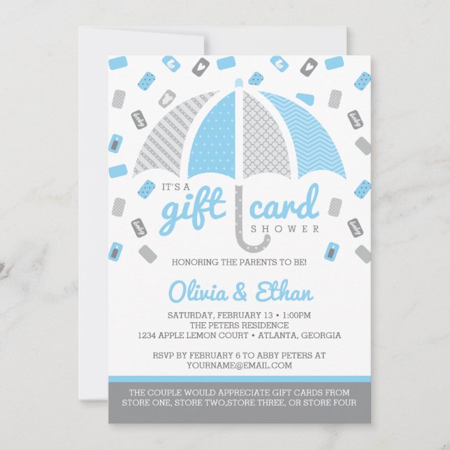 Baby shower de carte cadeau, Bleu bébé, Gris (Devant)