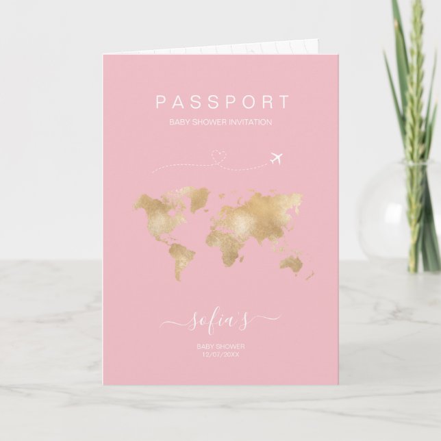 Baby shower de carte du monde de passeport rose fi (Devant)
