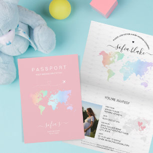 Baby shower de carte du monde de passeport rose fi