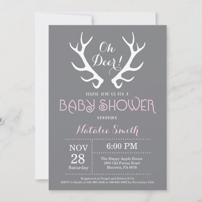 Baby shower de cerf Antler Invitation Gris et rose (Devant)