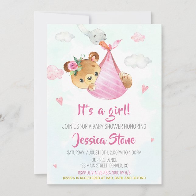 Baby shower de cigogne Invitation Bébé ours invita (Devant)