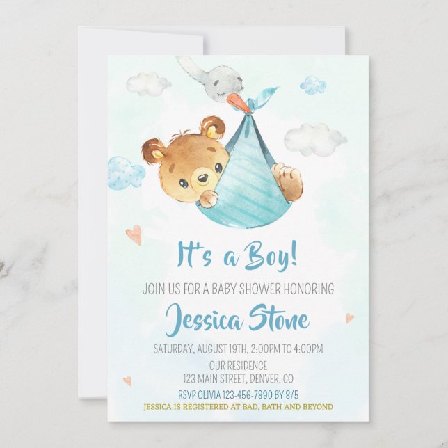 Baby shower de cigogne Invitation Garçon bébé ours (Devant)