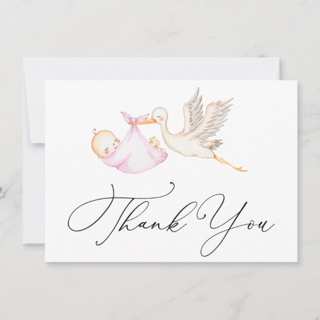 Baby shower de cigogne rose Merci Carte de note (Devant)