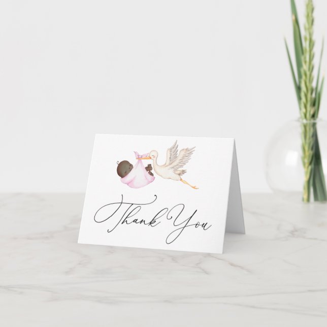 Baby shower de cigogne rose Merci Carte de note (Devant)