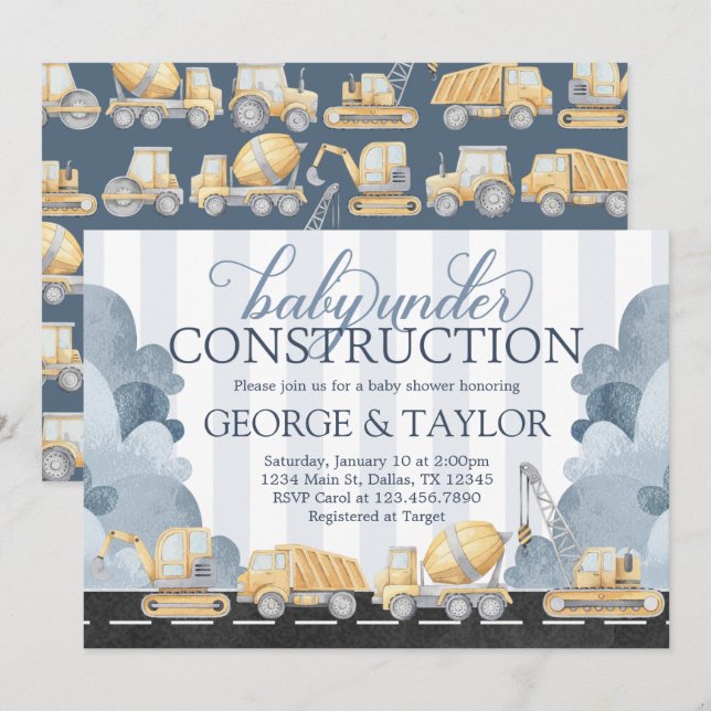 Baby shower de construction Invitation Invitation (Devant / Derrière)