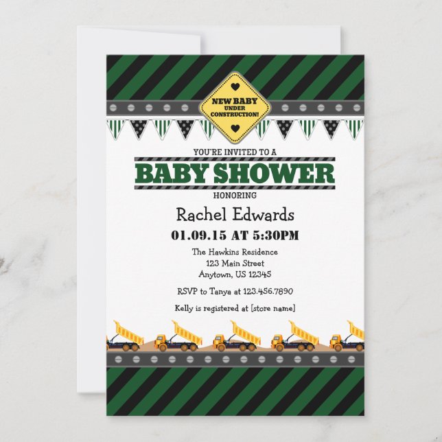 Baby shower de construction vert foncé Invitation (Devant)