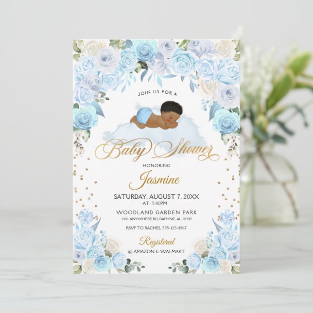 Baby shower de couchage Floral bleu Invitation (Debout devant)