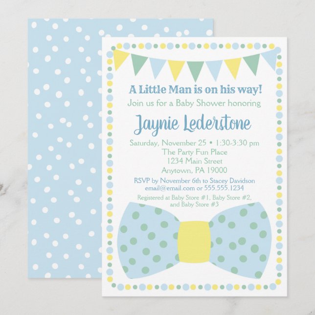 Baby shower de Cravate bleu jaune Bow Invitation (Devant / Derrière)