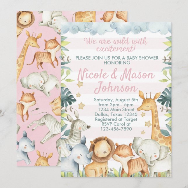 Baby shower de  de la Jungle rose Invitation Invit (Devant / Derrière)