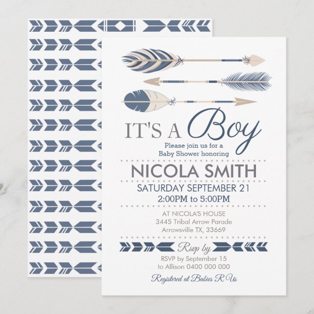 Baby shower de flèche Tribal Invitation Garçon (Devant / Derrière)