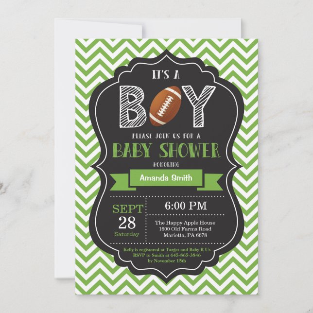Baby shower de football Invitation Boy Green Chevr (Devant)