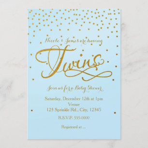 Baby shower de JUMEAUX bleu-clair et invitation de