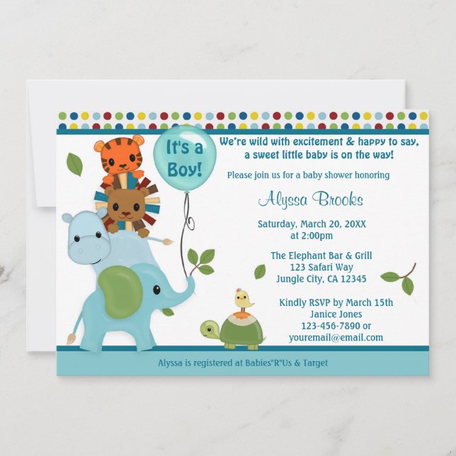 Baby shower de la parade animale Invitation élépha (Devant)