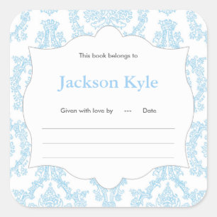 Baby shower de livre bleu Damask étiquette de plaq