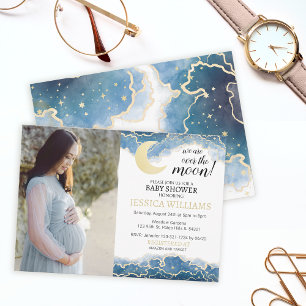 Baby shower de lune céleste d'or, invitation photo