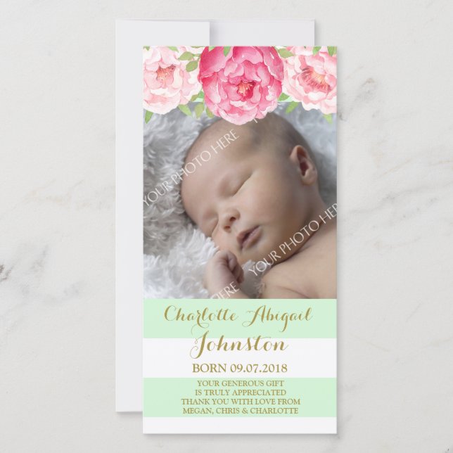 Baby shower de Merci à fleurs roses à la menthe (Devant)