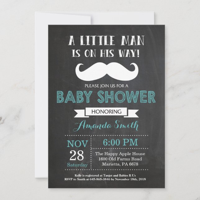 Baby shower de moustache Invitation Aqua et Grey (Devant)