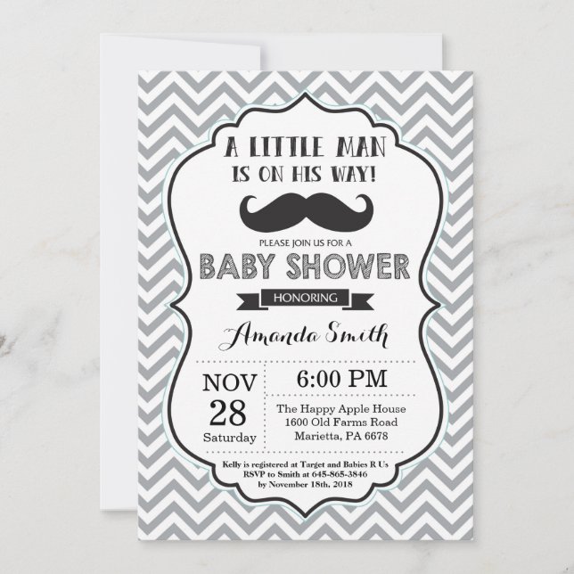 Baby shower de moustache Invitation noir et gris (Devant)
