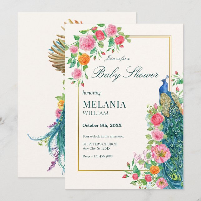 Baby shower de paon floral Invitation (Devant / Derrière)