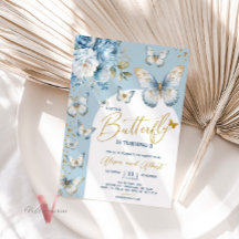 Baby shower de petit papillon bleu or Invitation