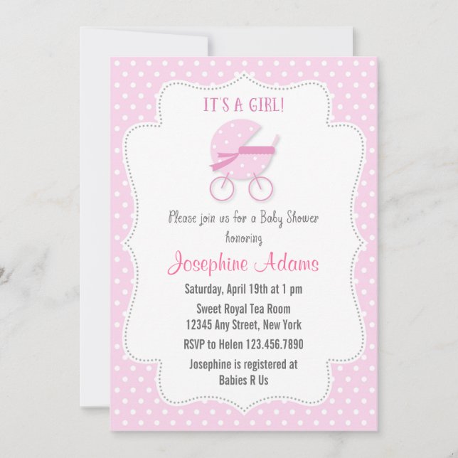 Baby shower de poussette bébé Invitation rose (Devant)