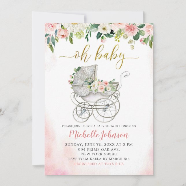 Baby shower de poussette rose printemps Invitation (Devant)