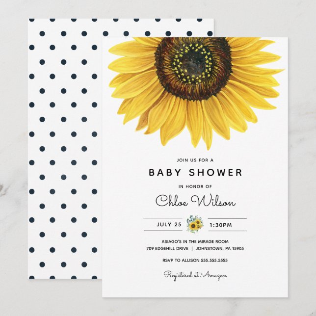 Baby shower de tournesol d'aquarelle Invitation (Devant / Derrière)