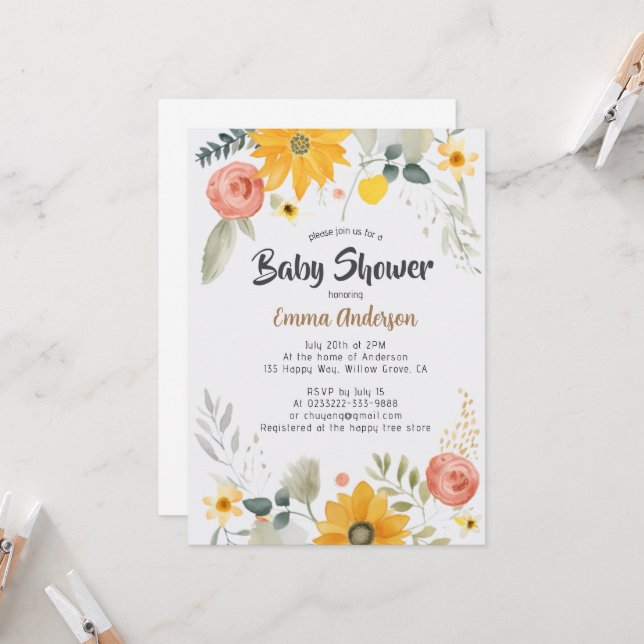 Baby shower de tournesol d'aquarelle Invitation (Devant/Arrière en situation)