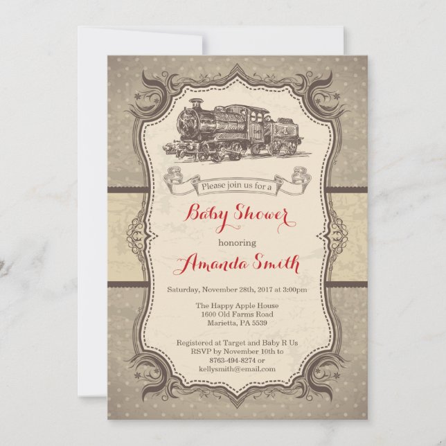 Baby shower de train Invitation Vintage Retro (Devant)