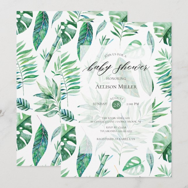 Baby shower de verdure tropicale Invitation (Devant / Derrière)
