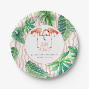 Baby Shower Decor Leaf Pink Flamingo Watercolor Paper Plate