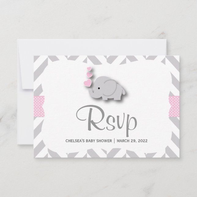 Baby shower d'éléphant rose et gris - RSVP (Devant)